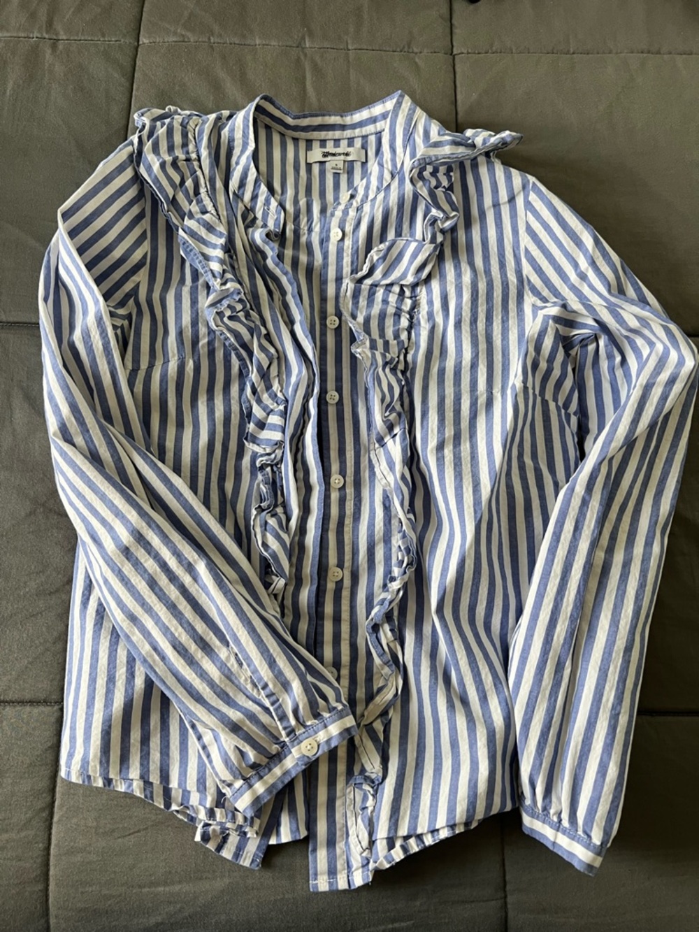 Madewell Blue & White Vertical Stripe Ruffle Blouse
